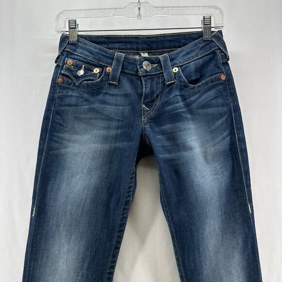 True Religion Slim Straight Jeans Womens 26  Low Rise Flap Pockets Stretch Blue - Picture 6 of 13